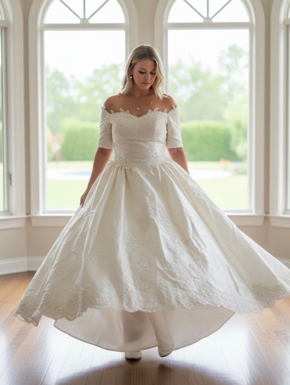 Off-White, Off-shoulder 100% Raw Silk Wedding Gown, Sz 14 Altered